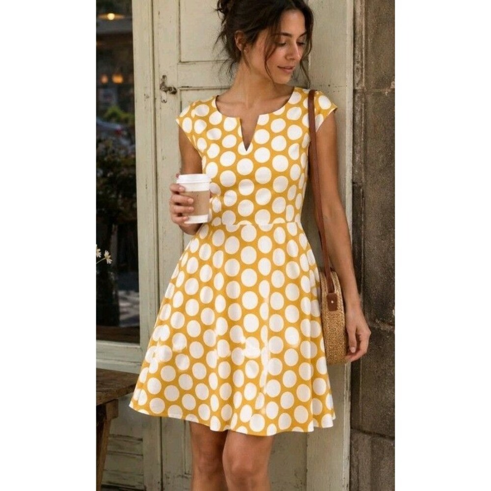 NY&Co Polka Dot Dress Small Yellow White 100% Cotton Fit Flare Retro Summer